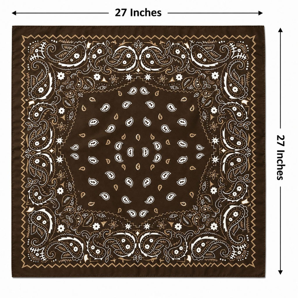 A square brown bandana with a white and tan paisley pattern, shown flat with dimension arrows indicating 27 inches on each side.