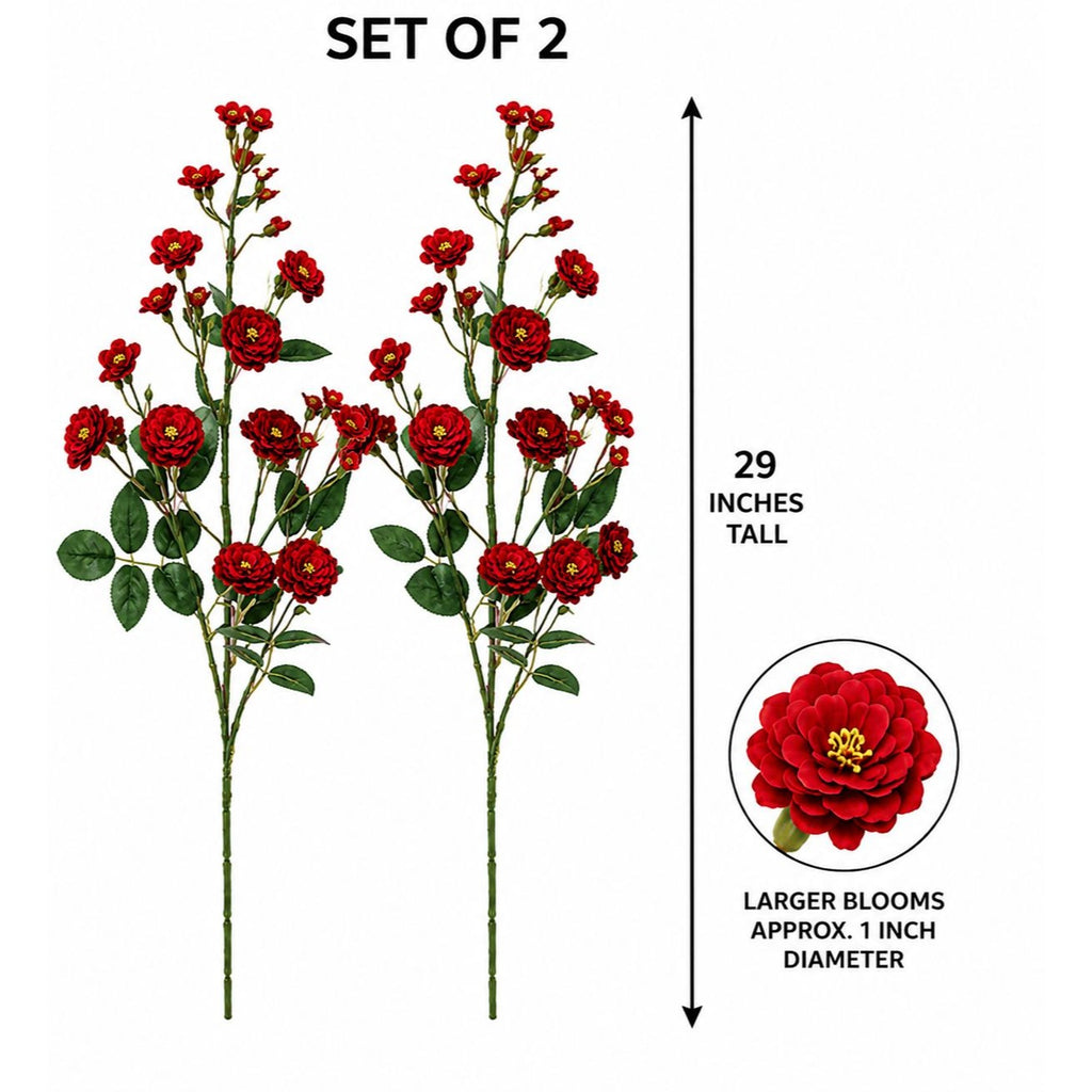 Two artificial red rose stems with green leaves shown on a white background, with text indicating a set of 2, 29 inches tall, and a circular inset showing a larger bloom approximately 1 inch diameter.