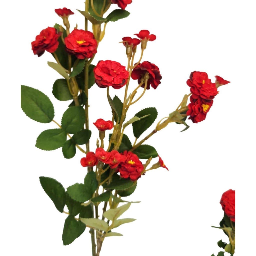 Artificial red rose stem with multiple clusters of red flowers and green leaves on a white background.