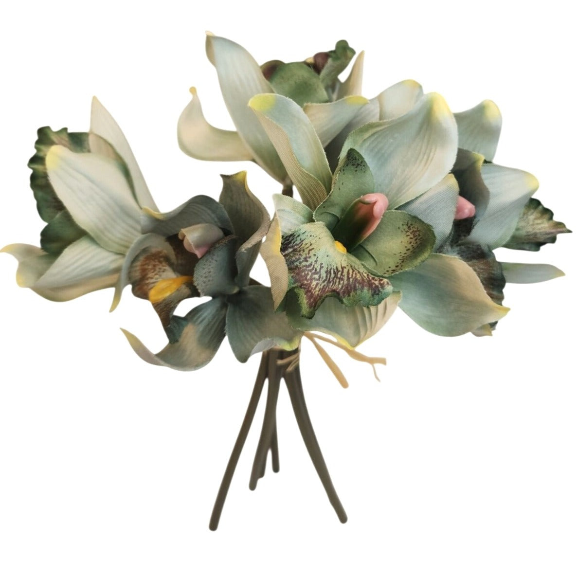 Artificial Cymbidium Orchid Bouquet 7 Stem Jade Green Faux Orchid Floral Decor
