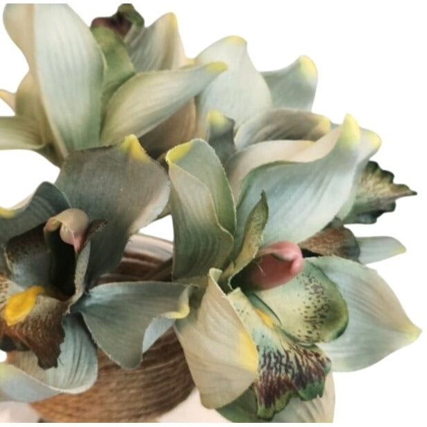 Artificial Cymbidium Orchid Bouquet 7 Stem Jade Green Faux Orchid Floral Decor