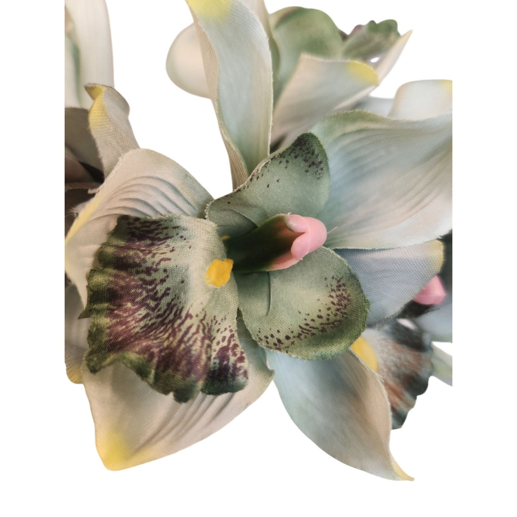 Artificial Cymbidium Orchid Bouquet 7 Stem Jade Green Faux Orchid Floral Decor