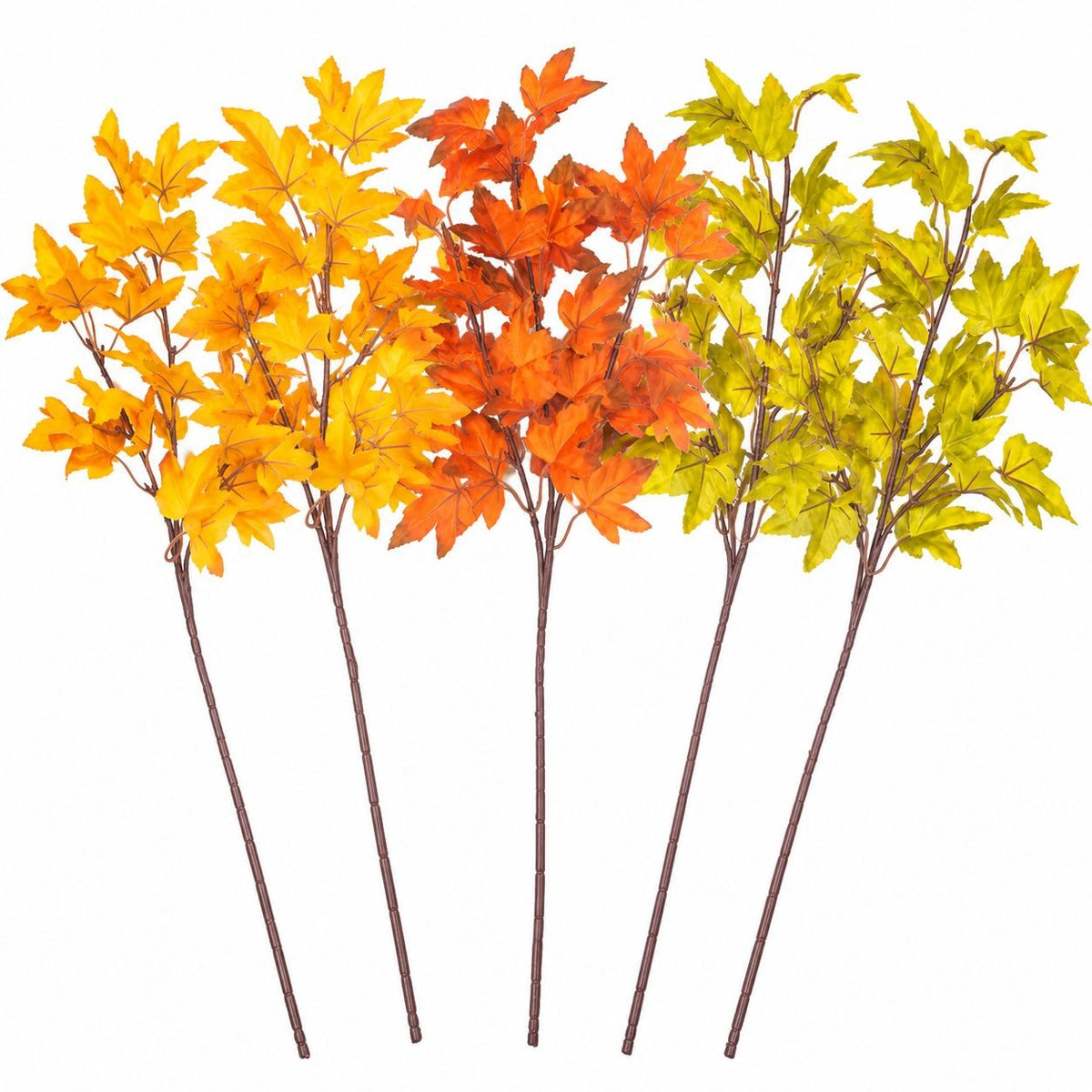 Six artificial autumn maple leaf stems in yellow, orange, and light green, arranged side by side on a plain white background.