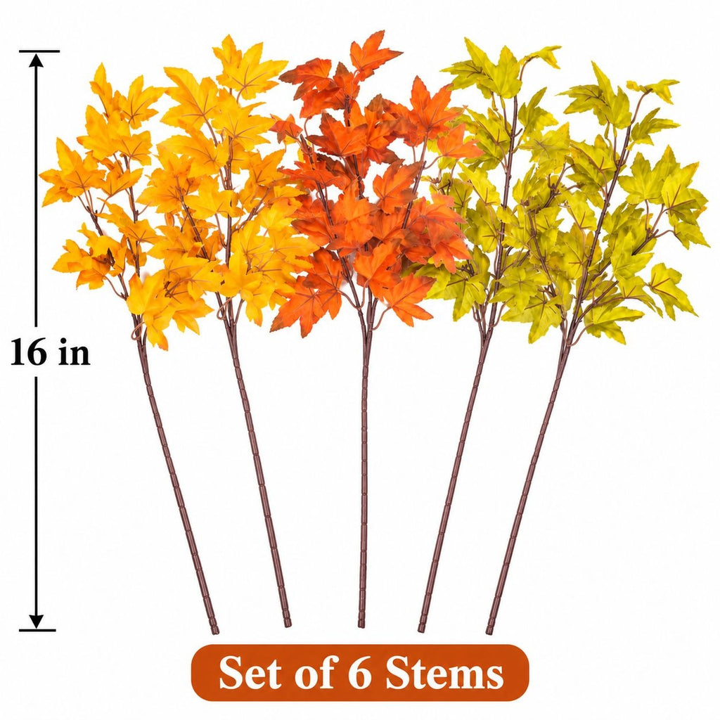 Six artificial autumn maple leaf stems on a white background, with a black height marker indicating 16 inches and an orange label at the bottom reading 'Set of 6 Stems'.