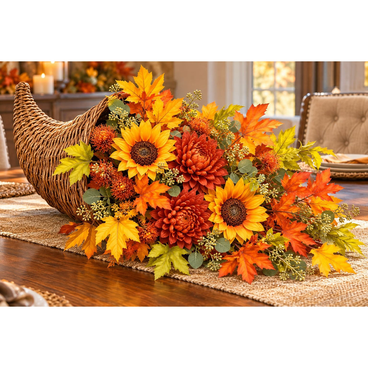 A fall-themed cornucopia-shaped woven basket centerpiece filled with artificial sunflowers, orange and red flowers, maple leaves, and green foliage, displayed on a table runner in a dining room setting.