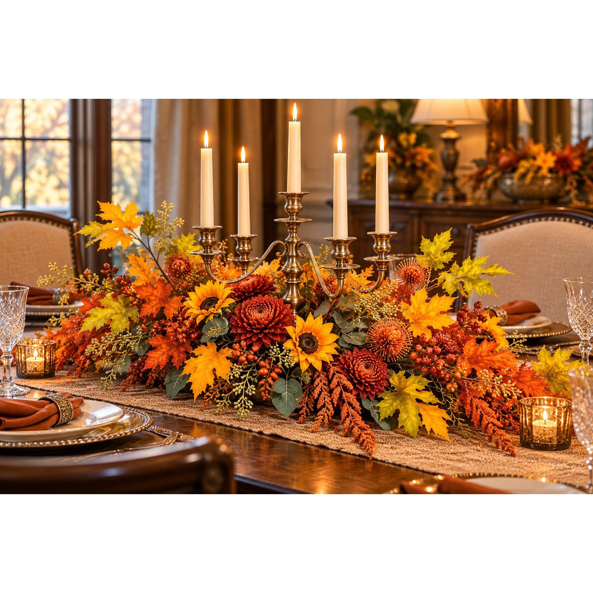 An autumn-themed table centerpiece with a dense floral arrangement in orange, yellow, red, and green tones, styled with a burlap runner, lit taper candles in a candelabra, and small tea lights on a dining table.