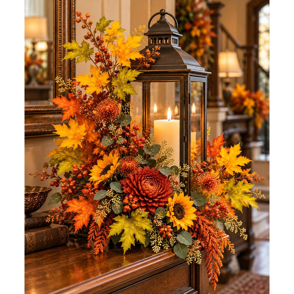 An autumn-themed floral arrangement with a black lantern candle holder, featuring yellow sunflowers, orange and red fall leaves, berries, and green foliage on a wooden mantel in a warmly lit interior.