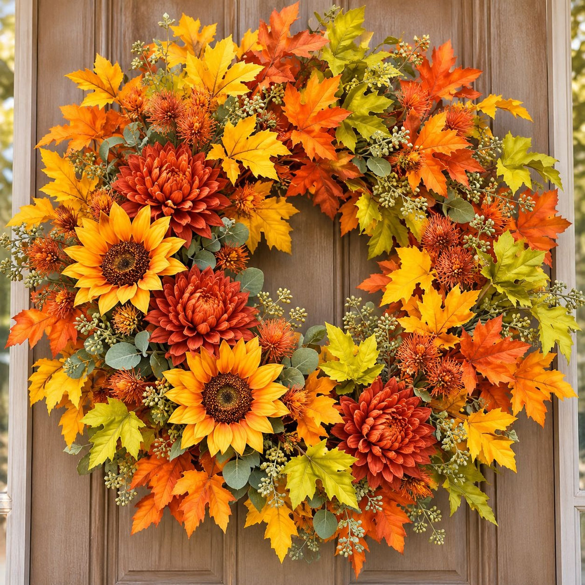 An autumn-themed floral wreath with orange and yellow maple leaves, red and orange chrysanthemums, and green foliage, displayed on a brown wooden door.