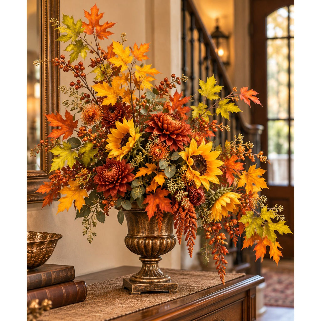 An autumn floral arrangement in a bronze-colored urn vase, featuring orange, yellow, and red fall leaves, sunflowers, and burgundy berries, displayed on a wooden console table in a warmly lit home interior.
