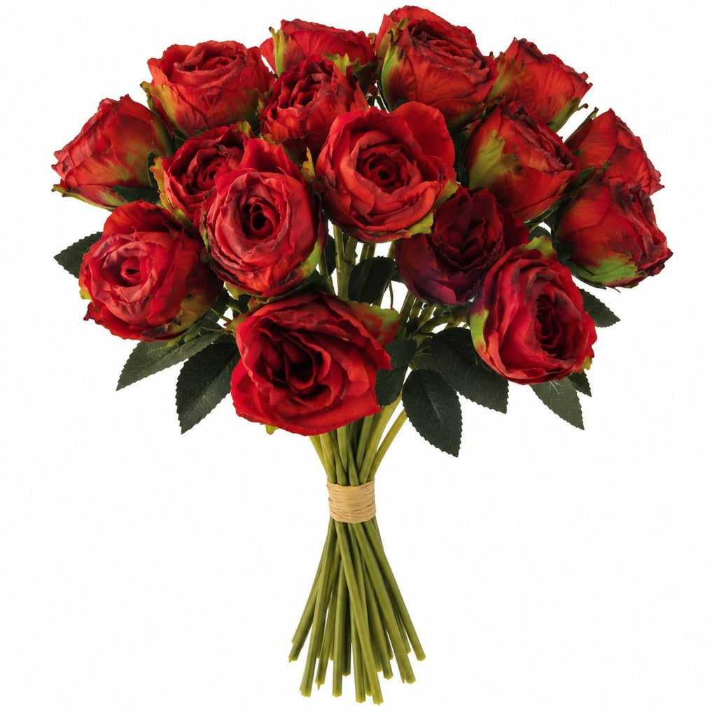 Burnt-Edge Red Rose Bouquet, Set of 18, 15-Inch Faux Flowers