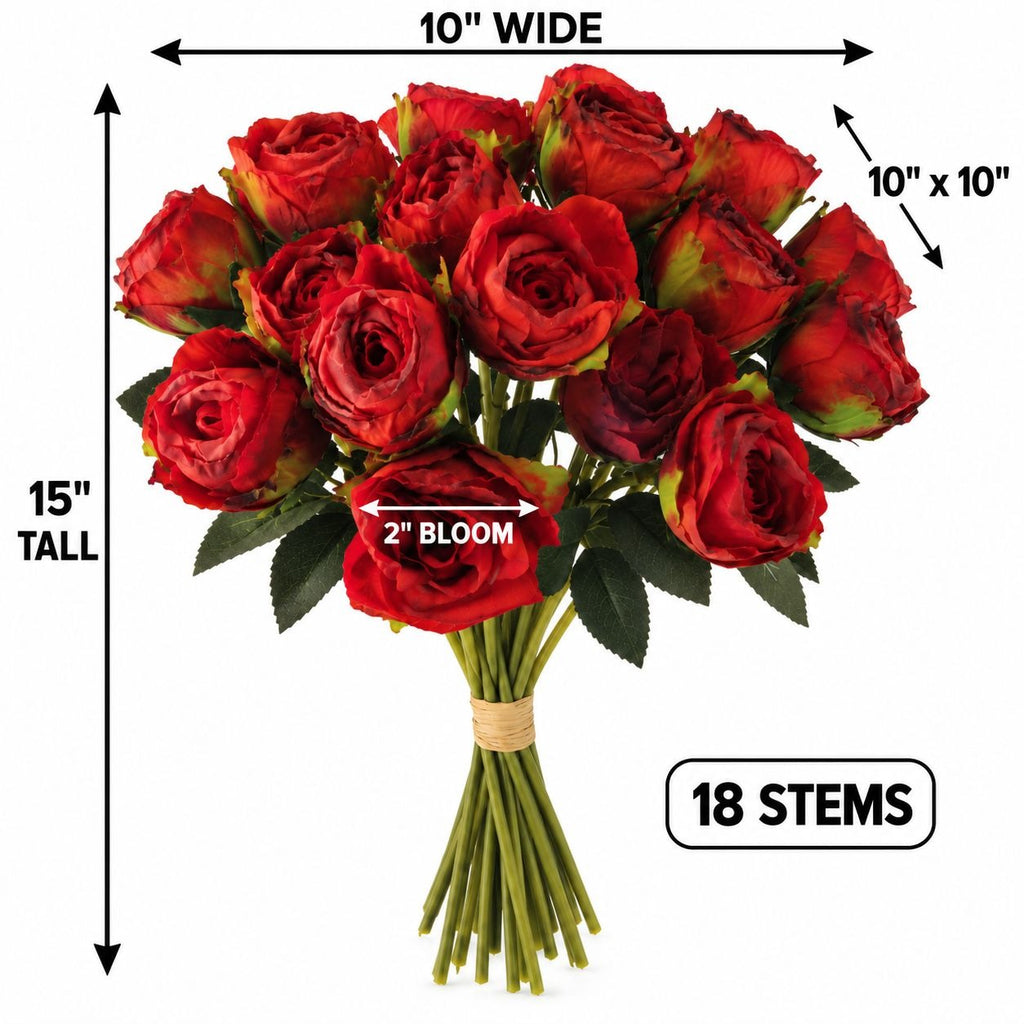 Burnt-Edge Red Rose Bouquet, Set of 18, 15-Inch Faux Flowers