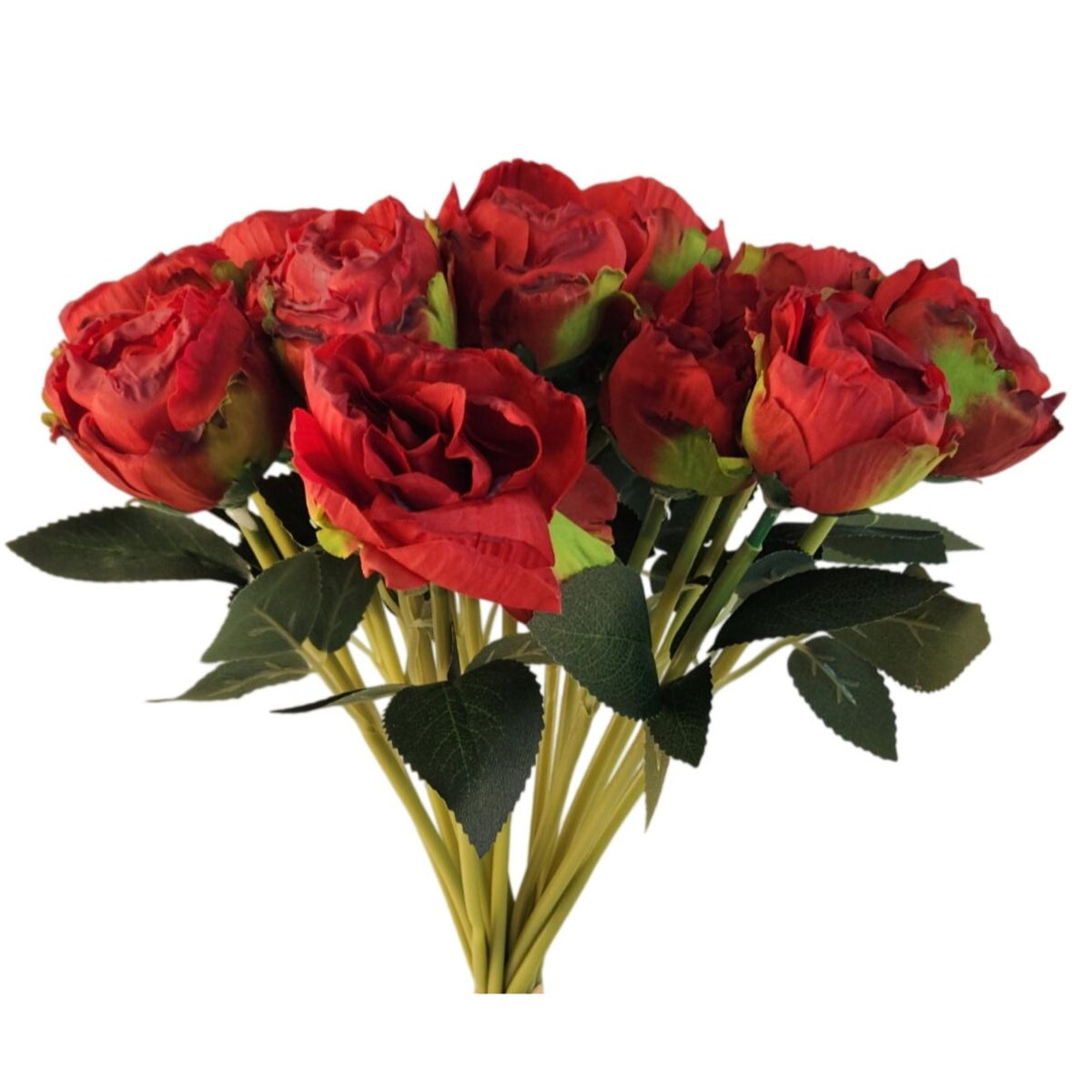 Burnt-Edge Red Rose Bouquet, Set of 18, 15-Inch Faux Flowers