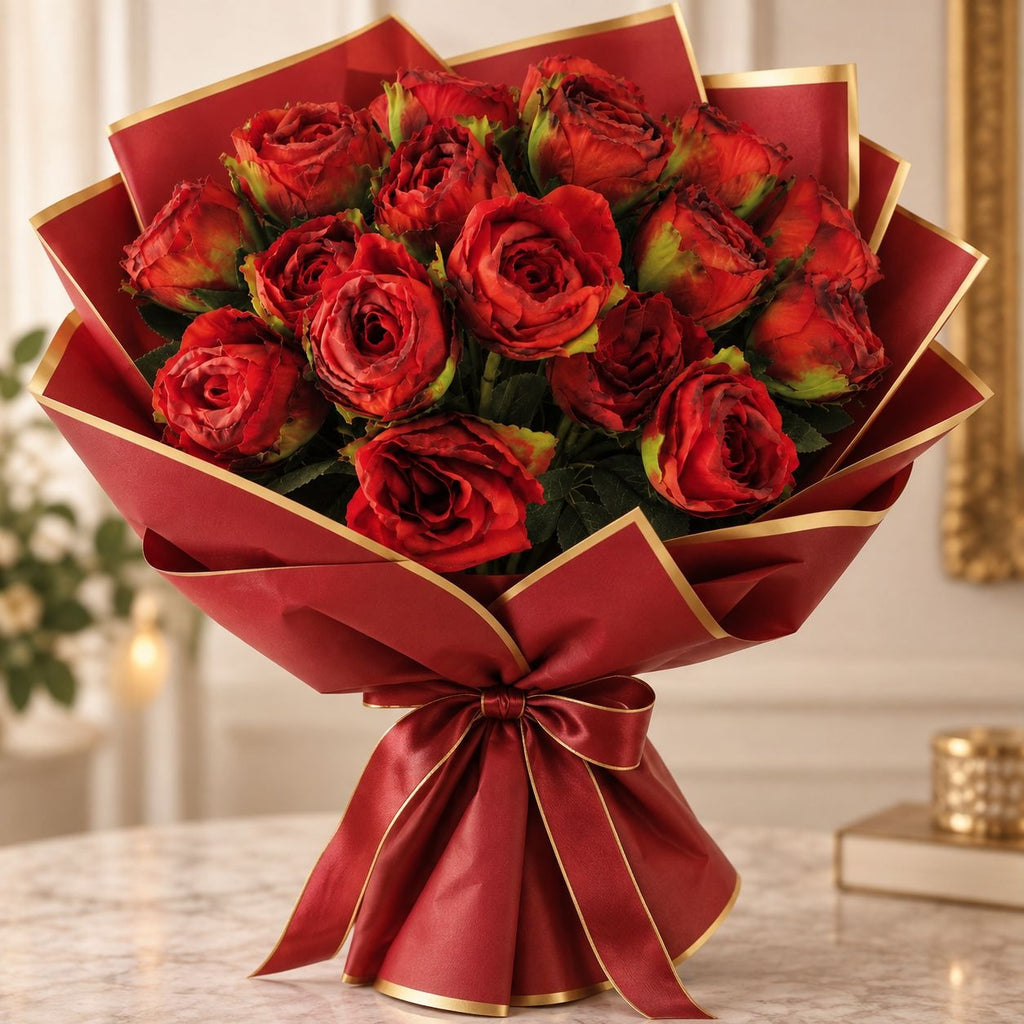 Burnt-Edge Red Rose Bouquet, Set of 18, 15-Inch Faux Flowers