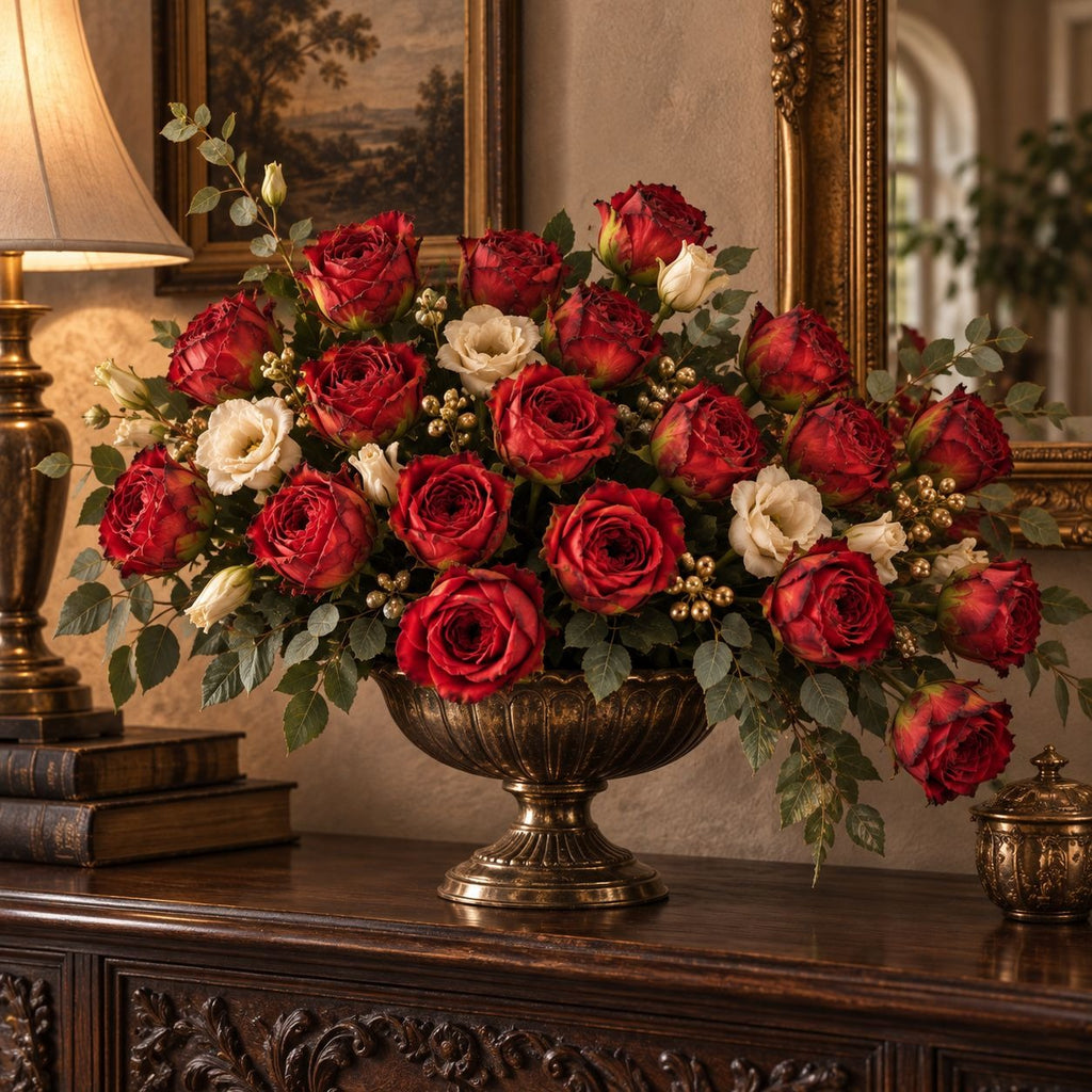 Burnt-Edge Red Rose Bouquet, Set of 18, 15-Inch Faux Flowers