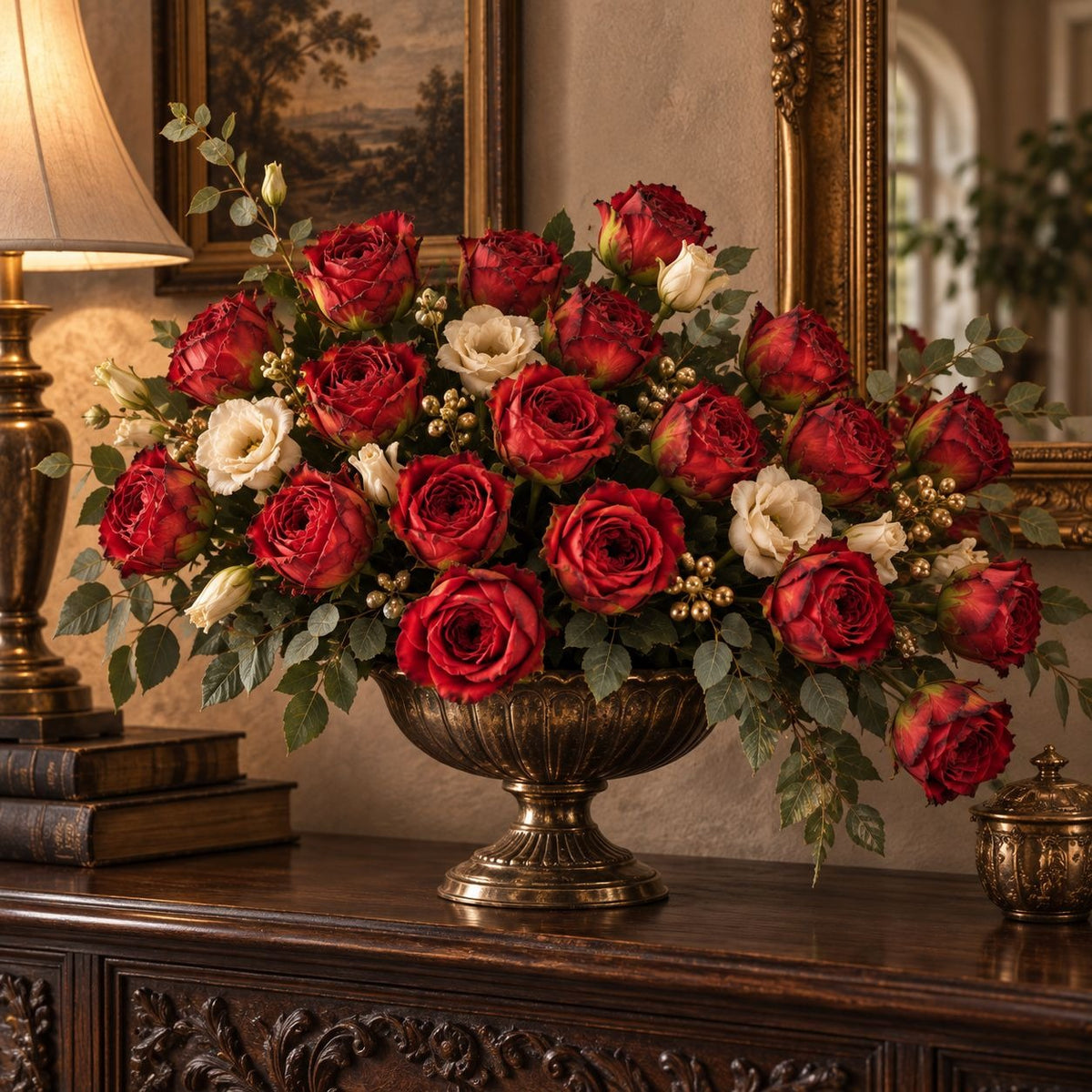 Burnt-Edge Red Rose Bouquet, Set of 18, 15-Inch Faux Flowers