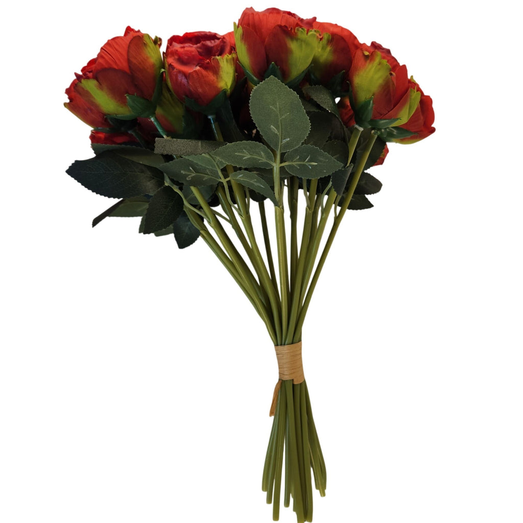 Burnt-Edge Red Rose Bouquet, Set of 18, 15-Inch Faux Flowers