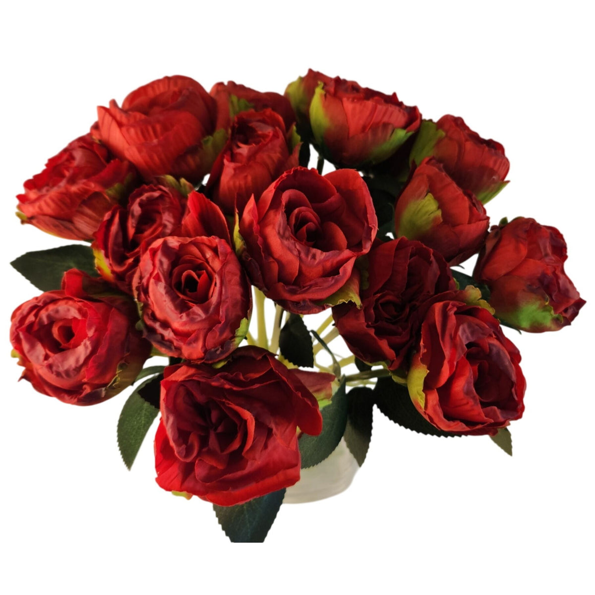 Burnt-Edge Red Rose Bouquet, Set of 18, 15-Inch Faux Flowers