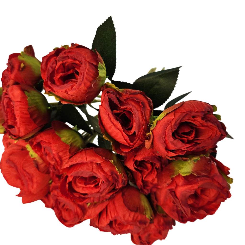 Burnt-Edge Red Rose Bouquet, Set of 18, 15-Inch Faux Flowers