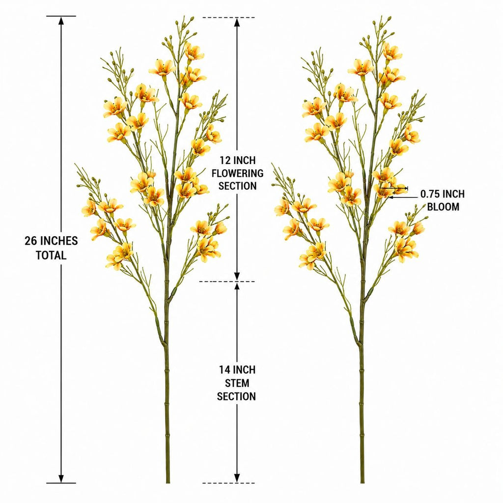 A product diagram showing two views of a decorative artificial flowering plant with yellow blossoms and green stem sections, overlaid with measurement labels including 26 inches total, 12 inch flowering section, 14 inch stem section, and 0.75 inch bloom.