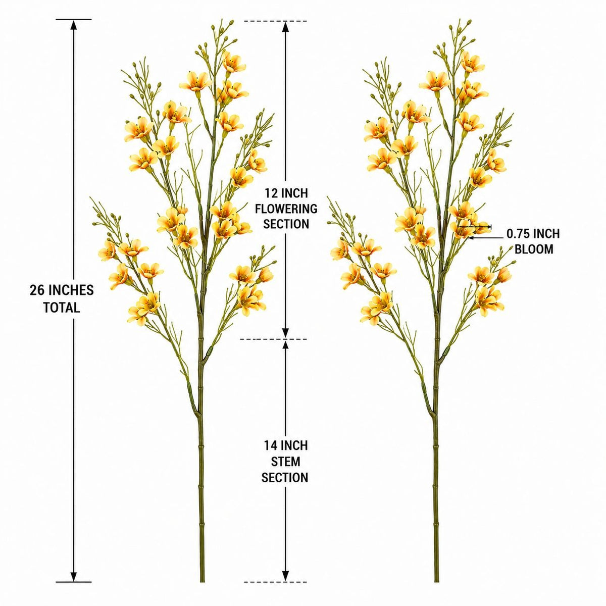 A product diagram showing two views of a decorative artificial flowering plant with yellow blossoms and green stem sections, overlaid with measurement labels including 26 inches total, 12 inch flowering section, 14 inch stem section, and 0.75 inch bloom.