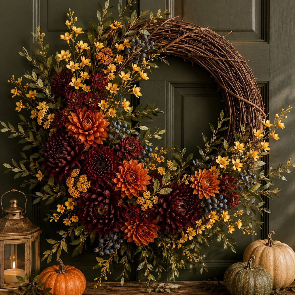 An autumn-themed floral wreath made of natural grapevine, decorated with orange and burgundy flowers, yellow blossoms, green leaves, and blue berries, hanging on a dark green paneled door with pumpkins at the base and a lantern on the left.