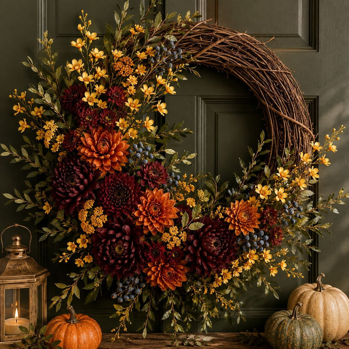 An autumn-themed floral wreath made of natural grapevine, decorated with orange and burgundy flowers, yellow blossoms, green leaves, and blue berries, hanging on a dark green paneled door with pumpkins at the base and a lantern on the left.