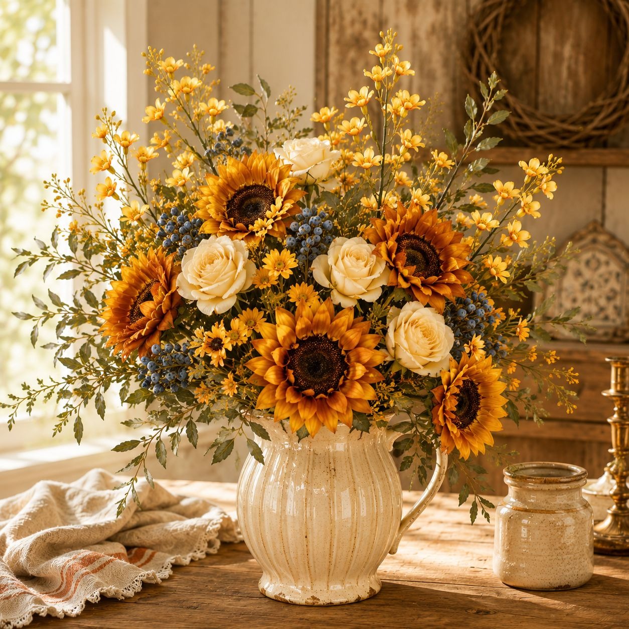 A large artificial floral arrangement featuring sunflowers, white roses, yellow wildflowers, and green foliage in a ribbed cream ceramic pitcher, set on a rustic wooden table.