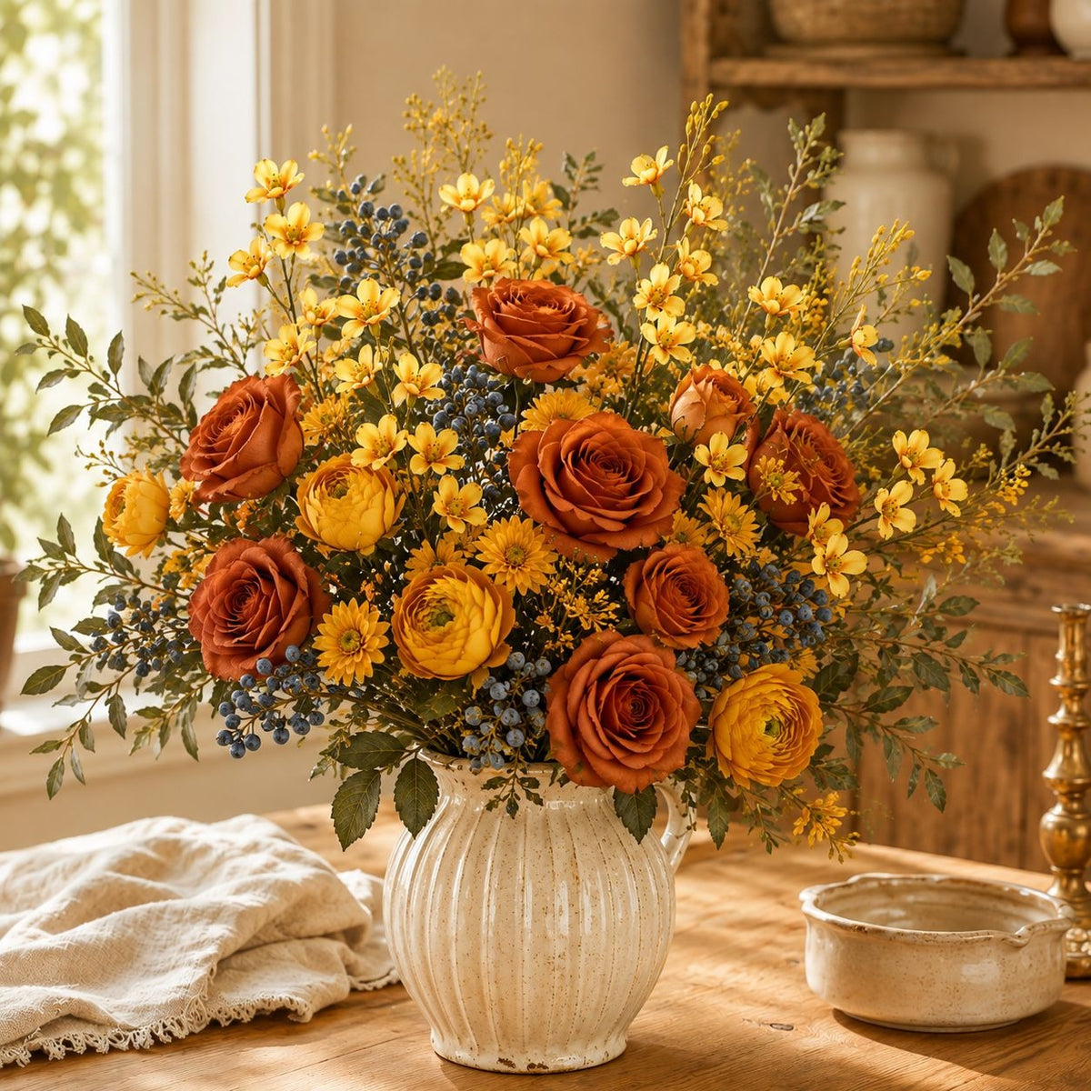 A large autumn floral arrangement in a ribbed white ceramic vase, featuring orange and yellow roses, yellow daisies, and blue berries, set on a wooden table in a warm, rustic room.