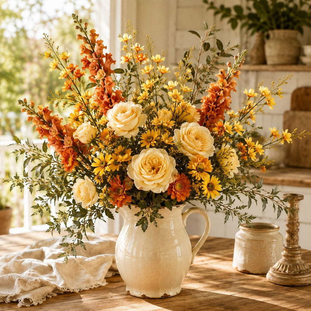 A large autumn floral arrangement in a cream-colored ceramic pitcher, featuring cream roses, orange and yellow flowers, and green foliage, displayed on a rustic wooden table in a warm, sunlit room.