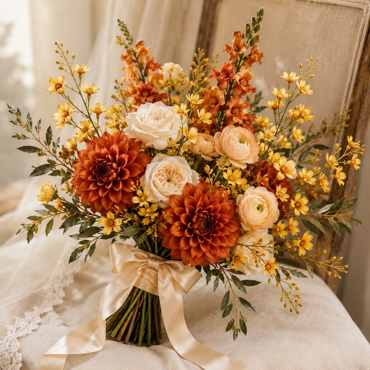 A rustic autumn floral bouquet featuring orange and white flowers with green foliage, tied with a cream satin ribbon, resting on a white lace-draped surface.