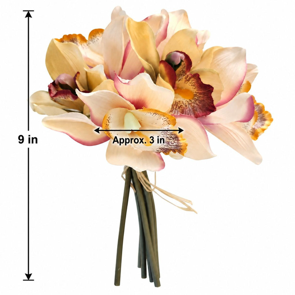 Artificial Cymbidium Orchids, Set of 7, 9-Inch Cream Blush Faux Flowers