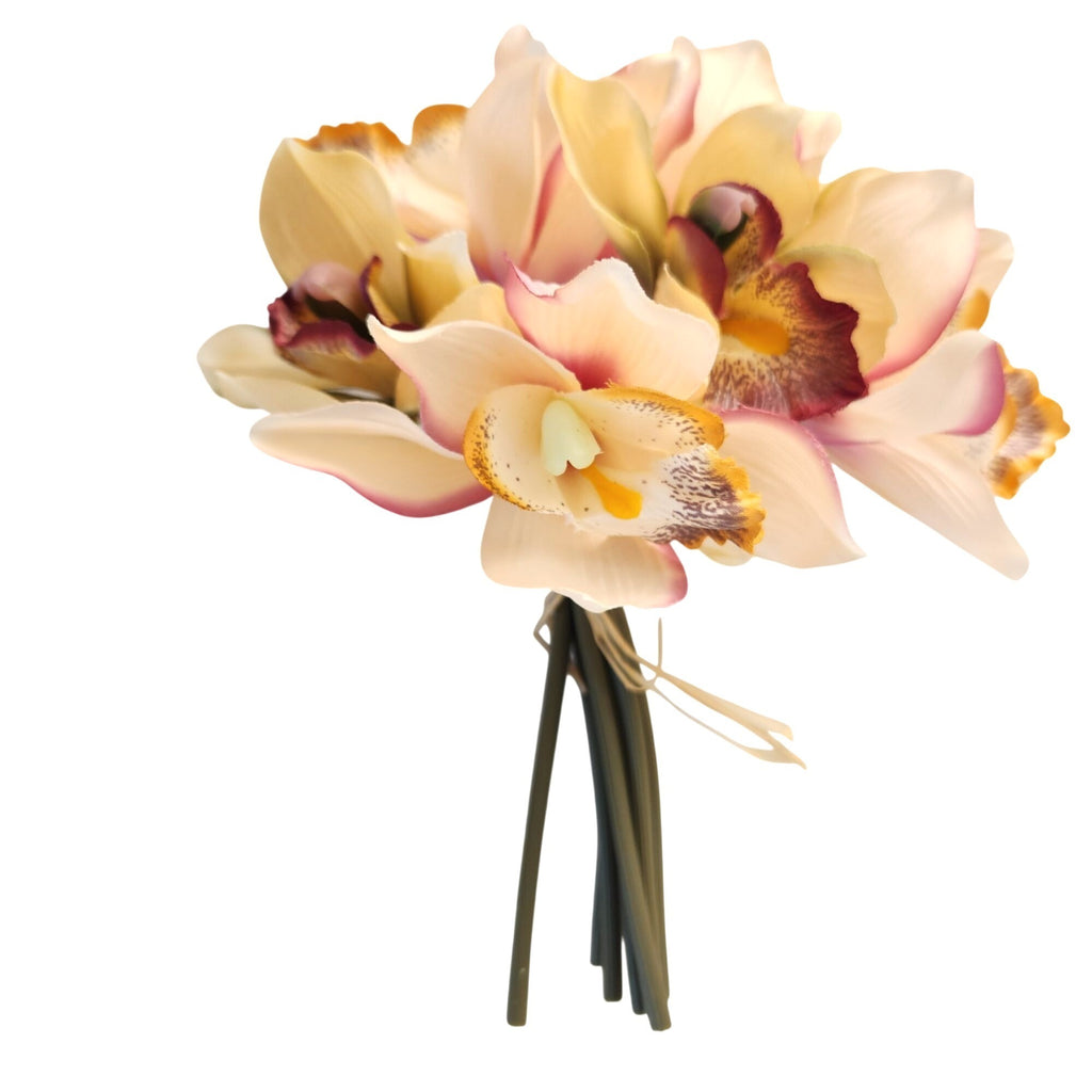 Artificial Cymbidium Orchids, Set of 7, 9-Inch Cream Blush Faux Flowers