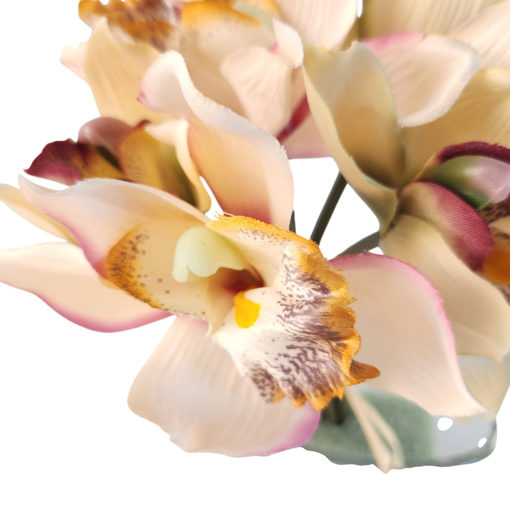 Artificial Cymbidium Orchids, Set of 7, 9-Inch Cream Blush Faux Flowers