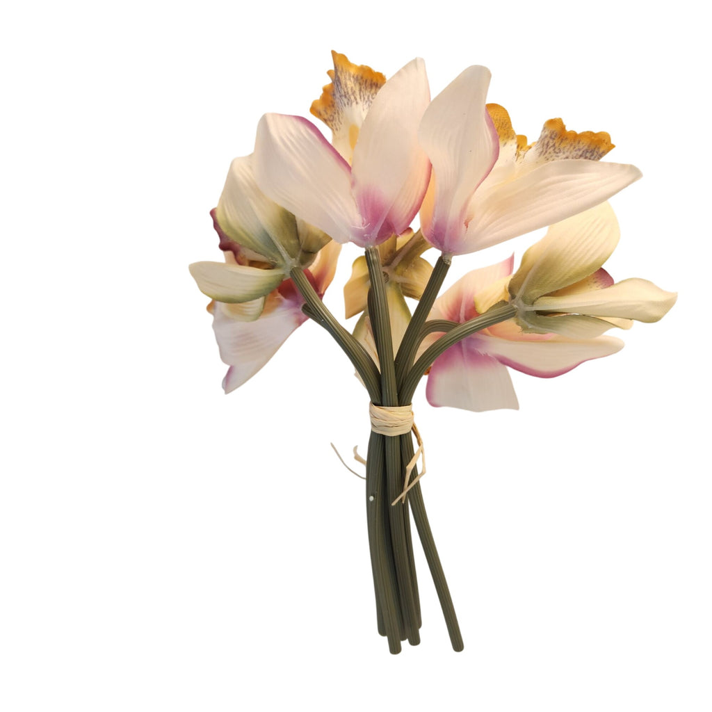 Artificial Cymbidium Orchids, Set of 7, 9-Inch Cream Blush Faux Flowers