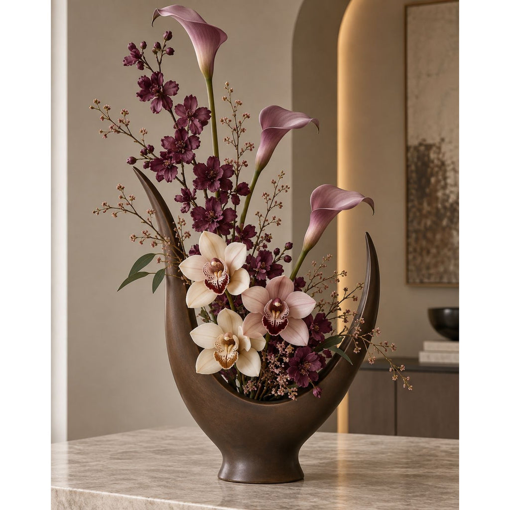 Artificial Cymbidium Orchids, Set of 7, 9-Inch Cream Blush Faux Flowers