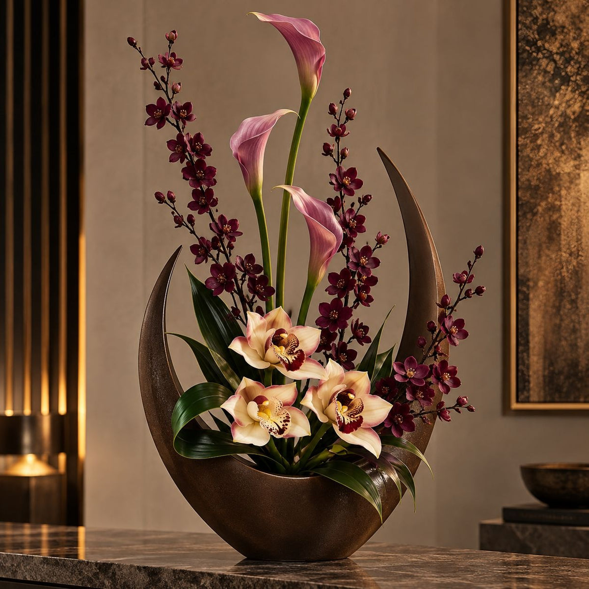 Artificial Cymbidium Orchids, Set of 7, 9-Inch Cream Blush Faux Flowers