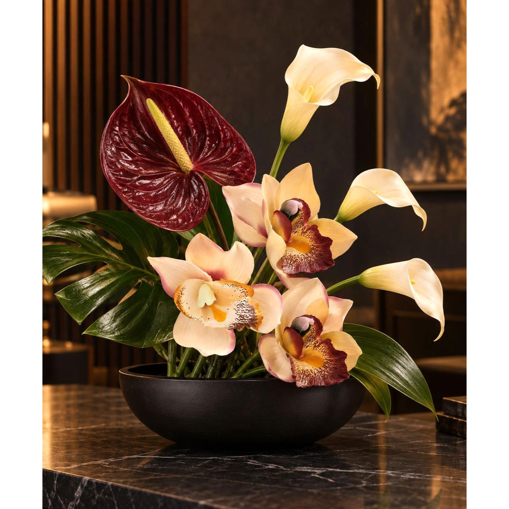 Artificial Cymbidium Orchids, Set of 7, 9-Inch Cream Blush Faux Flowers