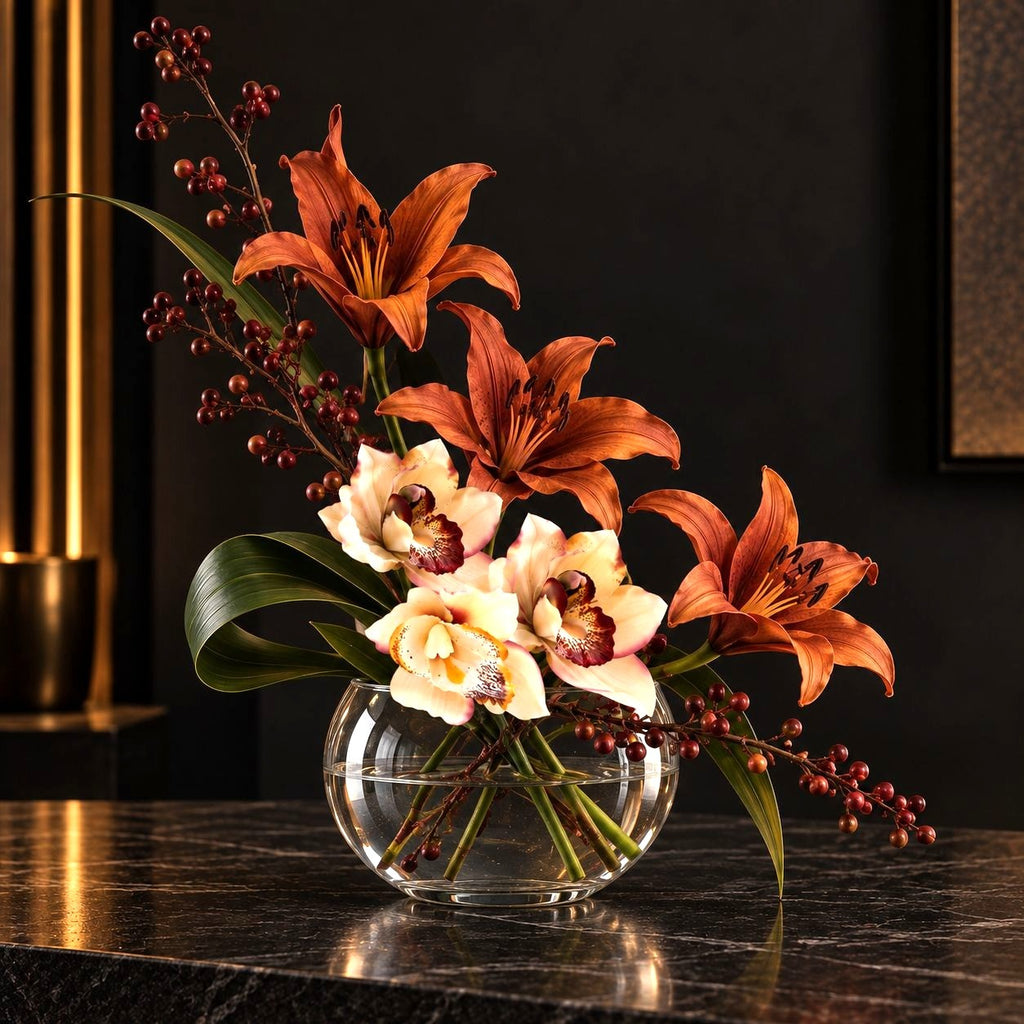 Artificial Cymbidium Orchids, Set of 7, 9-Inch Cream Blush Faux Flowers