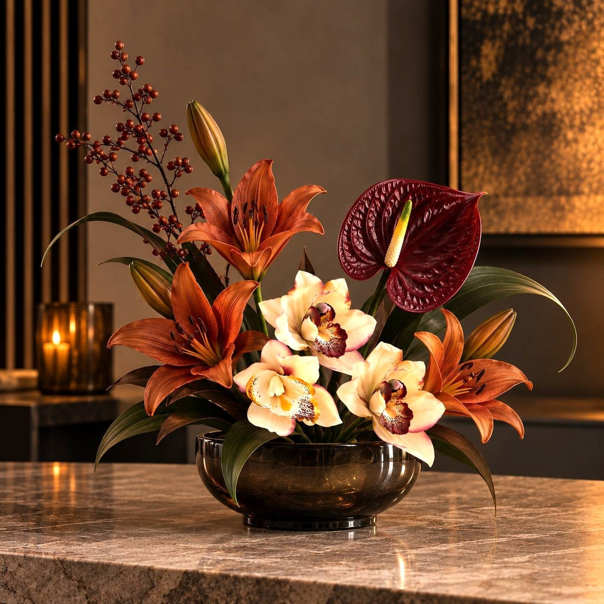 Artificial Cymbidium Orchids, Set of 7, 9-Inch Cream Blush Faux Flowers
