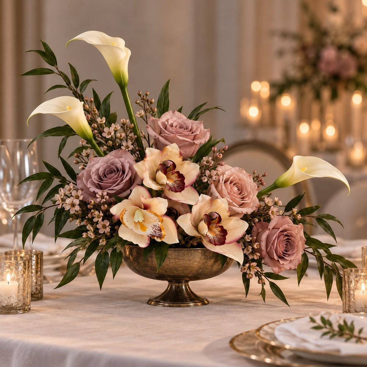 Artificial Cymbidium Orchids, Set of 7, 9-Inch Cream Blush Faux Flowers