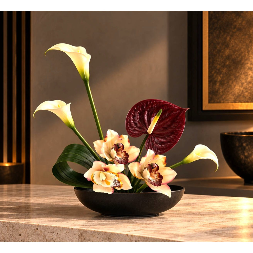 Artificial Cymbidium Orchids, Set of 7, 9-Inch Cream Blush Faux Flowers