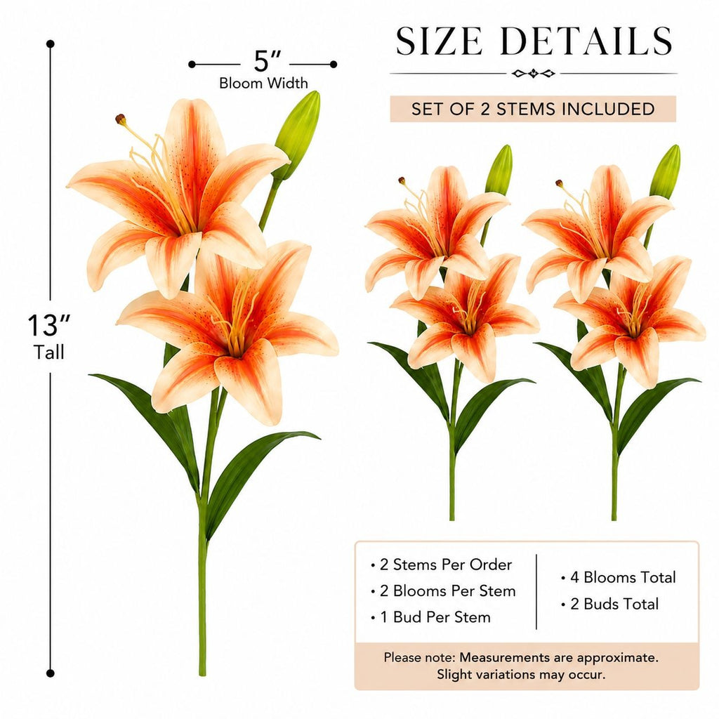 Real Touch Peach Orange Lily Stems Set of 2, Artificial Lily Flowers, Faux Floral Stems, Peach Lily Spray, Fall Floral Decor, French Country