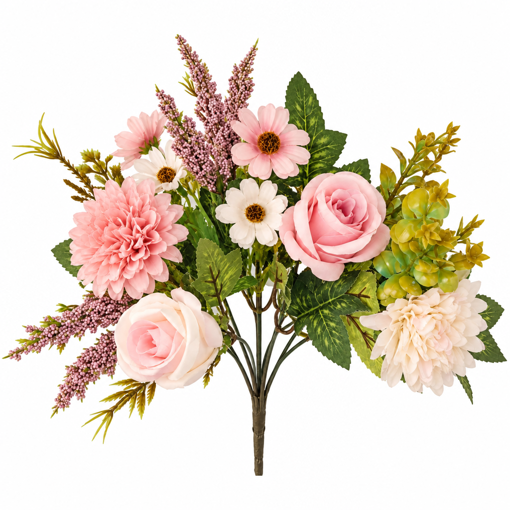 Pink and cream artificial flower bush with roses, mixed blossoms, purple accents, and green foliage on a white background.
