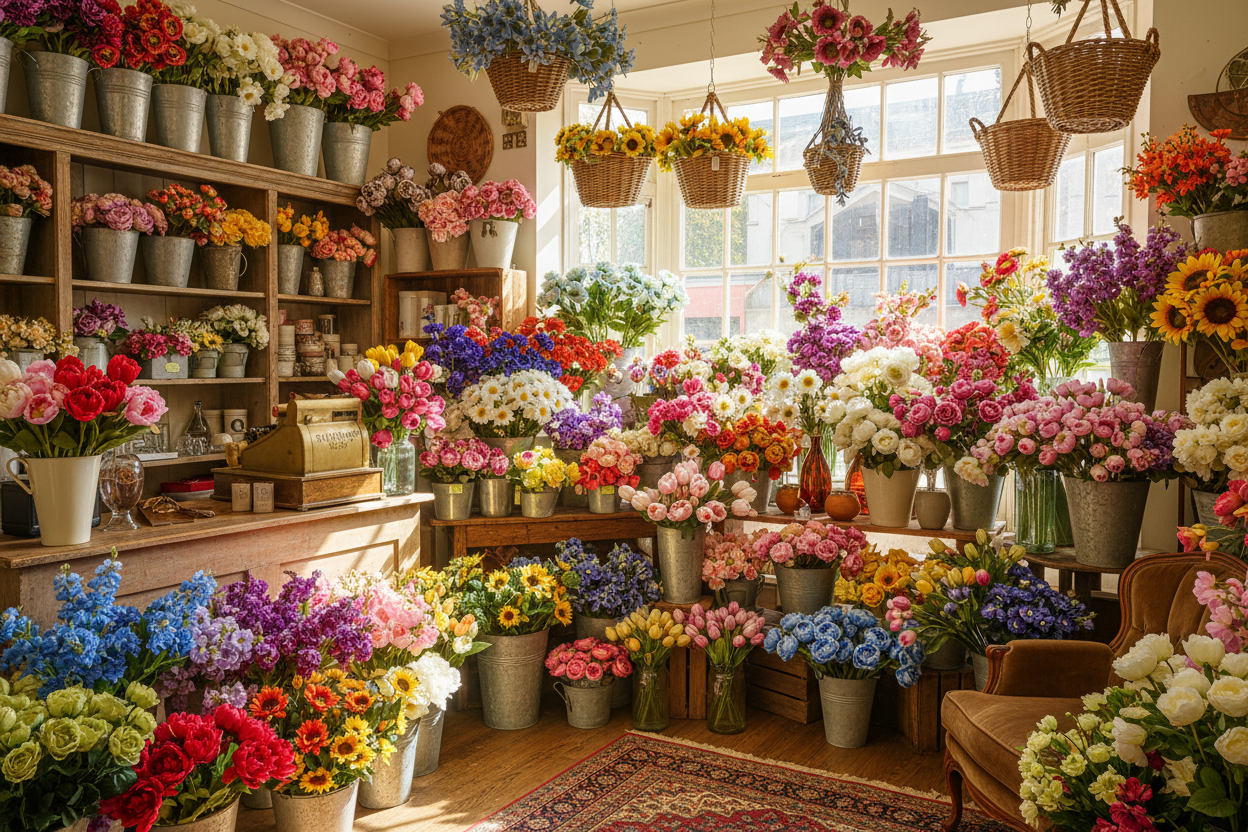 make it look like a floral shop with all kinds of silk faux garden flowers and  a variety of colors. 