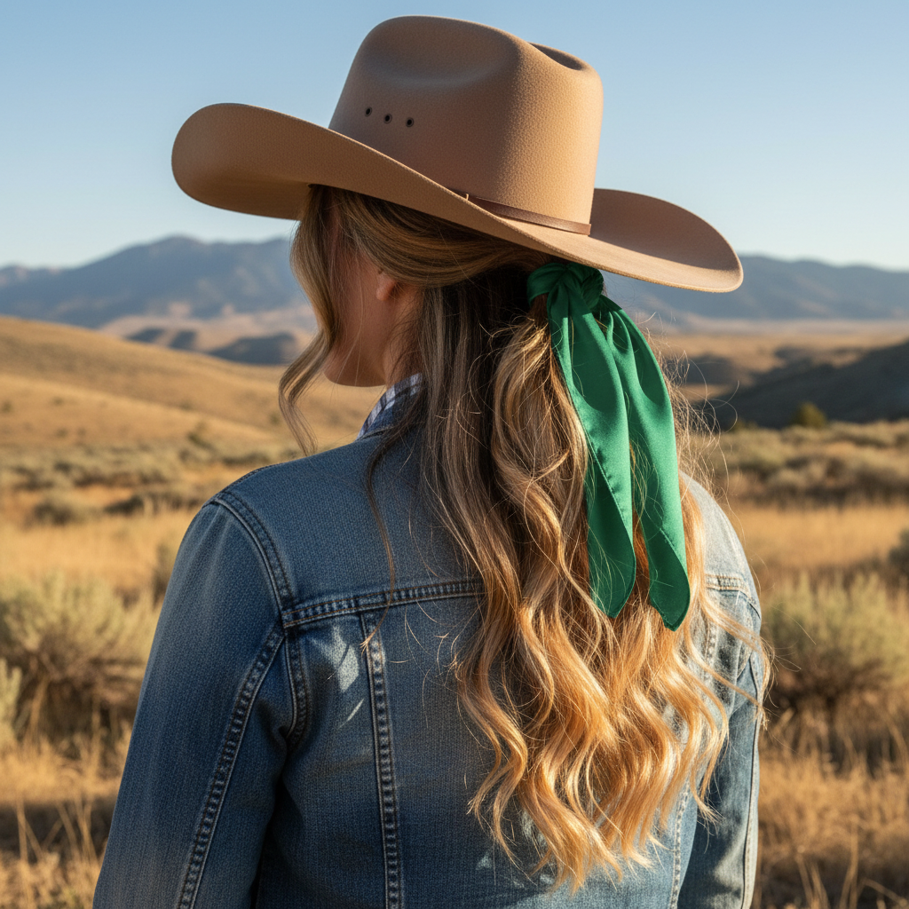 Medium bright green wild rag 23x23 scarf styled as hair tie on cowgirl