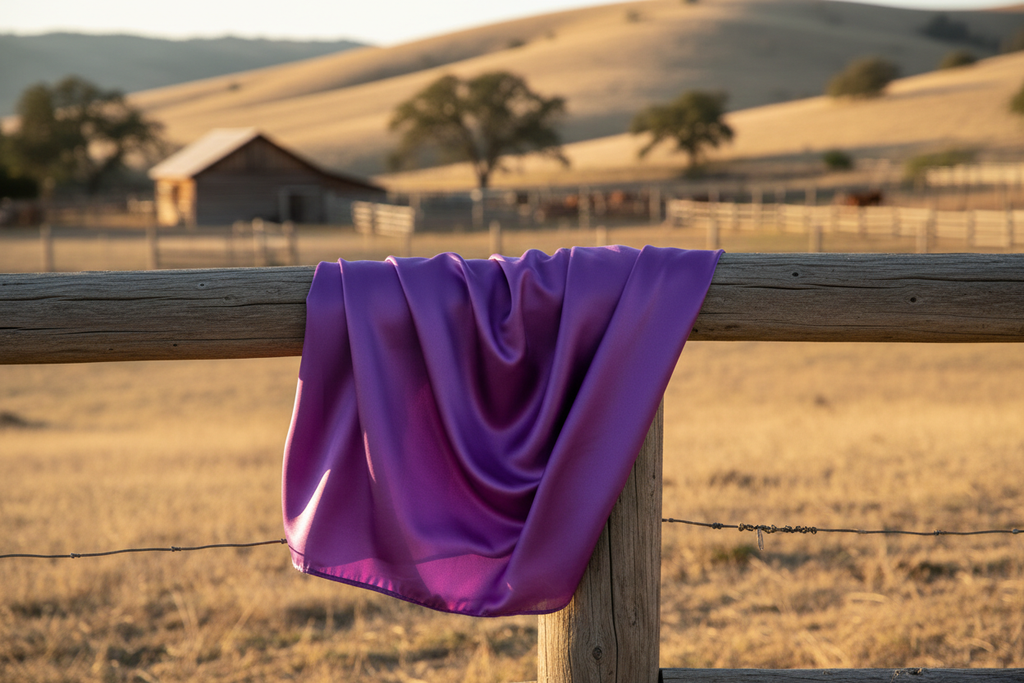 Medium purple wild rag scarf draped over ranch fence post