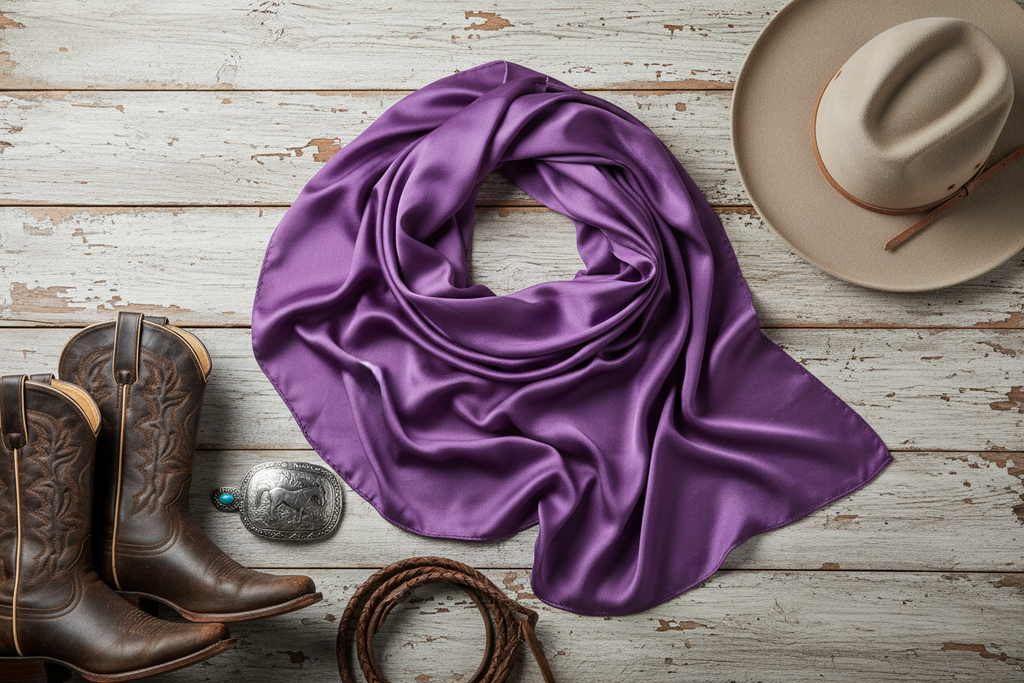 Medium purple wild rag scarf flat lay with western accessories