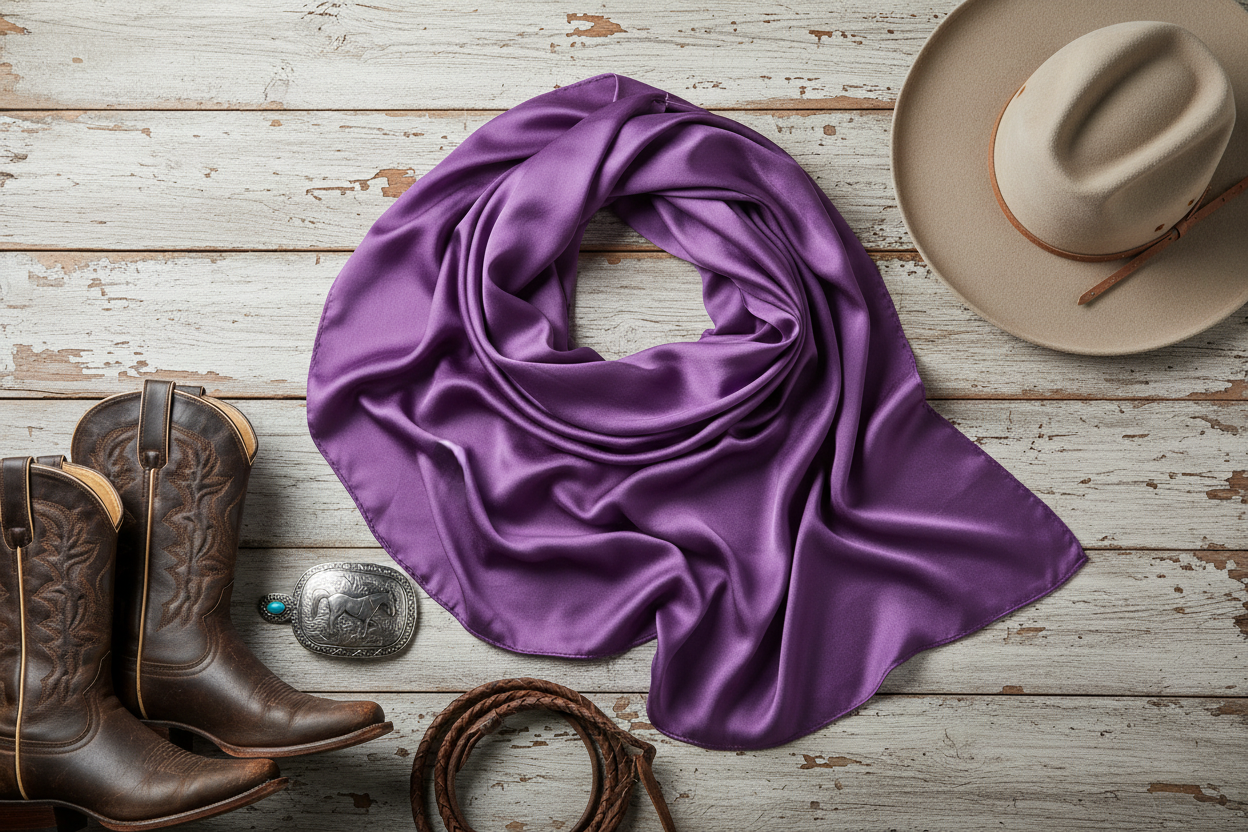 Medium purple wild rag scarf flat lay with western accessories