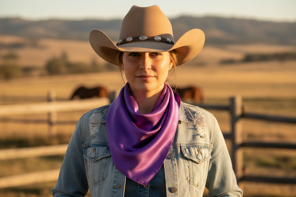 Medium purple wild rag scarf worn by cowgirl with denim and hat