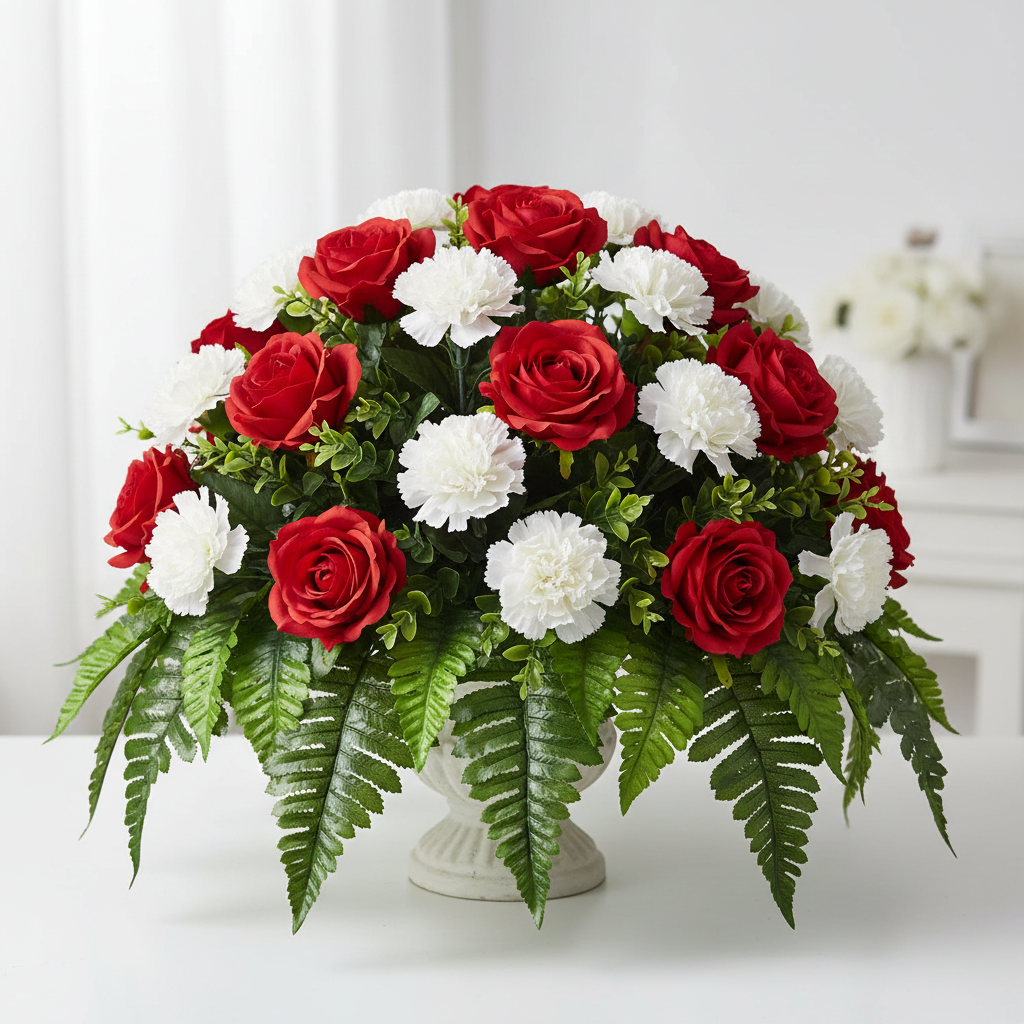 Memorial floral arrangement with artificial fern stems red roses and white carnations